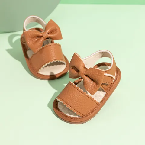 Summer Baby Girls Bowtie PU Leather Sandals Soft Sole First Walker Shoes With Scalloped Edges Hook-And-Loop Closure