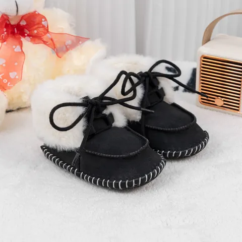 Baby Winter Boots Warm Faux Fur Trim Infant Soft Sole First Walker Shoes Lace Up Faux Suede Toddler Prewalker Booties