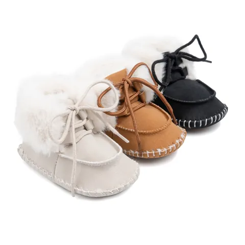 Baby Winter Boots Warm Faux Fur Trim Infant Soft Sole First Walker Shoes Lace Up Faux Suede Toddler Prewalker Booties