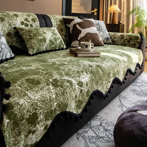 Copridivano in Ciniglia Vintage Protezione Mobili Antiscivolo Telo Divano Jacquard Con Frangia Pom-pom per Soggiorno