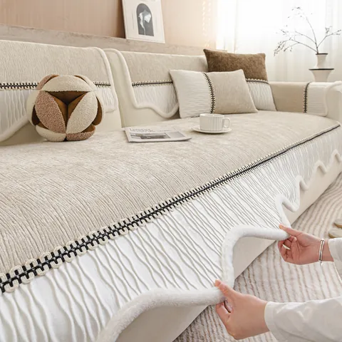 Funda de Cojín de Sofá Antideslizante de Chenilla Gruesa Con Borde de Onda Irregular Protector de Sofá Lavable Minimalista Moderno para Decoración del Hogar