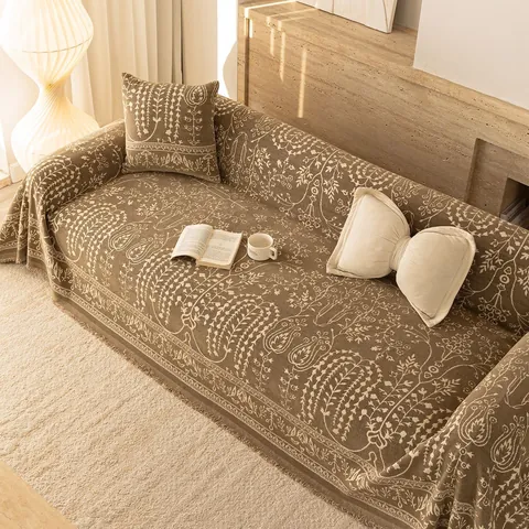 Vintage French Chenille Sofa Cover Floral Jacquard Sofa Towel With Tassels Thick Non-Slip Dustproof Sofa Blanket For Living Room Decor