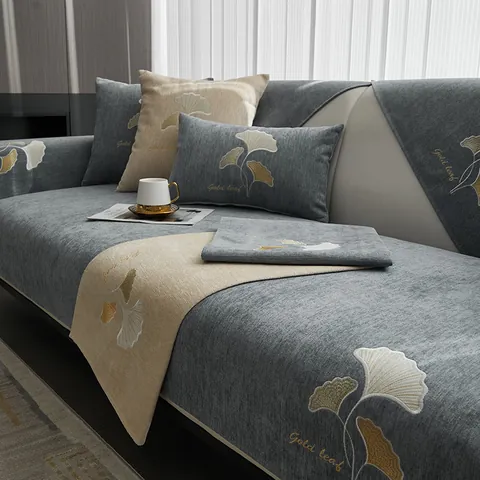Luxury Chenille Sofa Cushion Ginkgo Leaf Embroidered Non-Slip Sofa Cover Modern Universal Protective Slipcover For Living Room Home