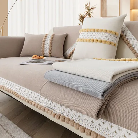 Chenille Sofa Cushion Cover Anti-Slip Sectional Sofa Slipcover With Lace Edge And Pom-Poms Minimalist Solid Color Couch Protector For Living Room All Seasons Home Decor