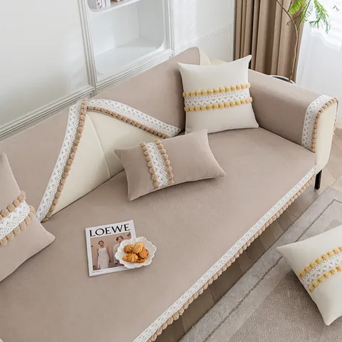 Chenille Sofa Cushion Cover Anti-Slip Sectional Sofa Slipcover With Lace Edge And Pom-Poms Minimalist Solid Color Couch Protector For Living Room All Seasons Home Decor