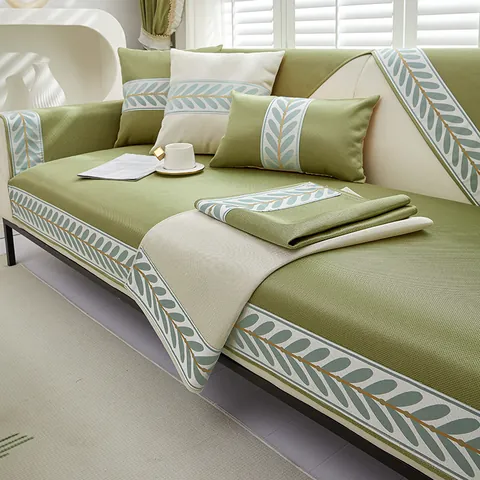 Summer Cooling Ice Silk Sofa Mat Anti Slip Furniture Protector With Leaf Embroidery For Sectional Sofa Living Room