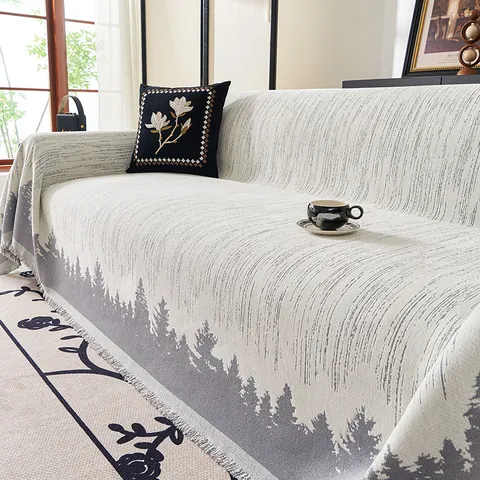 Chenille Sofa Cover Anti Slip Forest Tree Pattern Sofa Towel With Tassel Decorative Blanket Throw For Living Room Furniture Protector