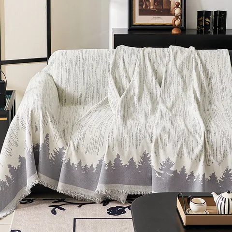 Chenille Sofa Cover Anti Slip Forest Tree Pattern Sofa Towel With Tassel Decorative Blanket Throw For Living Room Furniture Protector