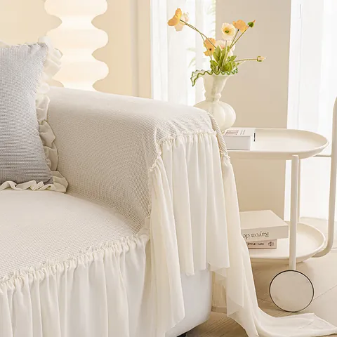 Serviette de Canapé en Velours Côtelé Style Crème Avec Ourlet à Volants en Dentelle Couverture Totale Couleur Unie Jeté de Canapé Décoratif