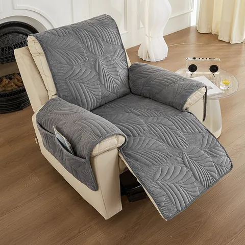 Copripoltrona Relax in Peluche Trapuntato con Motivo a Foglie Copertura Monoposto Antiscivolo con Tasche Contenitore Protezione Mobili