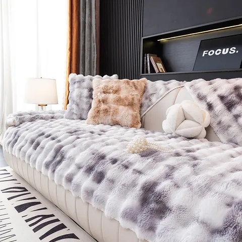 Winter Faux Rabbit Fur Sofa Cover Non-slip Plush Cushion Gradient Tie-dye Bubble Texture Warm Soft Sofa Towel For Home Decor
