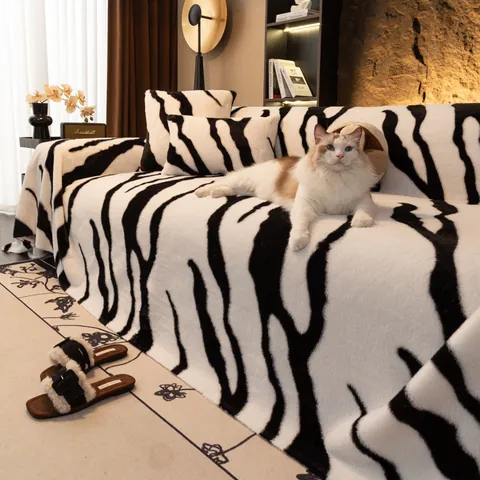 Copridivano in Peluche con Stampa Zebra Pelo di Coniglio Sintetico Ispessito Caldo Protezione per Mobili Telo Divano Moderno