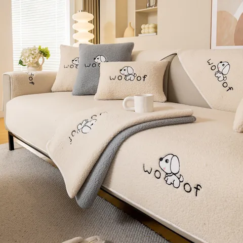 Cartoon Dog Embroidered Lamb Fleece Sofa Cushion Thickened Warm Plush Sofa Cover Non-Slip Living Room Furniture Protector
