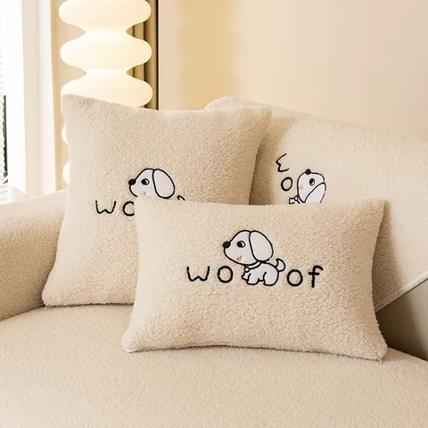 Cartoon Dog Embroidered Lamb Fleece Sofa Cushion Thickened Warm Plush Sofa Cover Non-Slip Living Room Furniture Protector