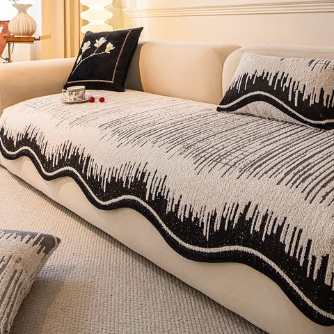 Modern Minimalist Scalloped Edge Sofa Cover Non Slip Thickened Velvet Wave Pattern Furniture Protector For Couch Home Decor