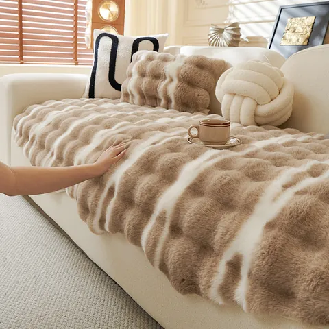 Modern Thickened Plush Sofa Cushion Anti Slip Faux Rabbit Fur Sofa Cover Wavy Stripe Furniture Protector For Living Room