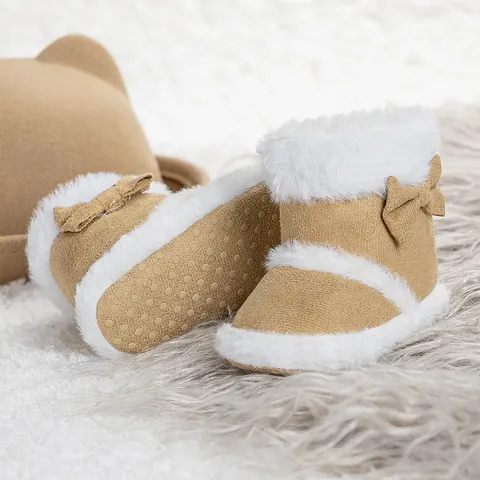 Baby Meisjes Winter Sneeuwlaarzen Faux Suede Pluche Gevoerd Warm Zachte Zool Loopschoentjes Strikje Klittenband Peuter Schoenen