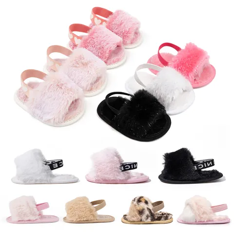 Infant Toddler Baby Plush Faux Fur Slippers Soft Sole Non-Slip First Walker Shoes Elastic Back Strap Indoor House Shoes