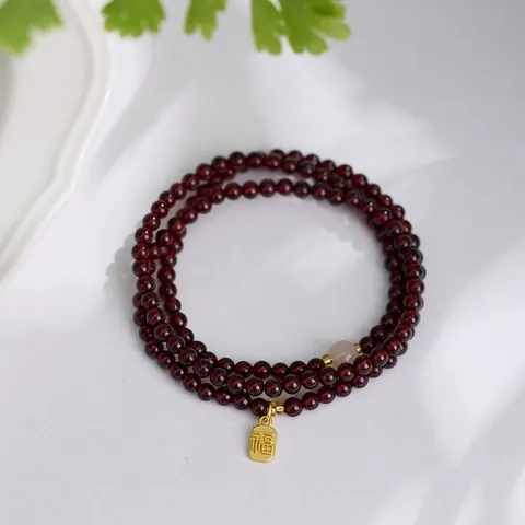 Natural Garnet Multiwrap Bracelet With Hetian Jade Fu Charm Blessing Tag Vintage Ethic Jewelry For Women Handmade Jewelry Gift