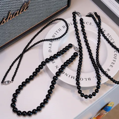 Natural Black Agate Beaded Necklace For Women 925 Sterling Silver Clasp Round Bead Choker Retro Minimalist Elegant Jewelry Necklace 42cm