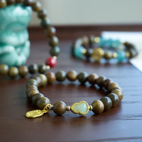Ethnic Green Sandalwood Beaded Bracelet With Hetian Jade Gourd Pendant Zen Style Meditation Wood Jewelry Blessing Gift For Women Men