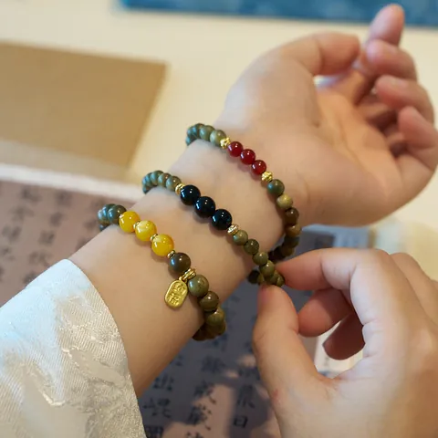 Ethnic Green Sandalwood Beaded Bracelet With Hetian Jade Gourd Pendant Zen Style Meditation Wood Jewelry Blessing Gift For Women Men