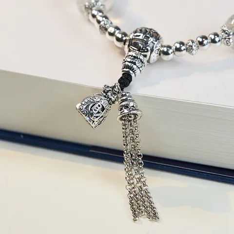 Ethnic Vintage Green Phantom Crystal Bracelet With Tibetan Silver Lucky Charm Tassel Pendant Handwoven Accessory For Women