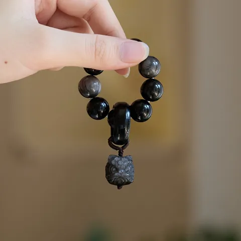 Natuurlijke Zilver Obsidiaan Leeuwendans Kralenarmband Retro Chinese Stijl Gesneden Steen Handgeweven Polsband Voor Heren Sieraden Cadeau