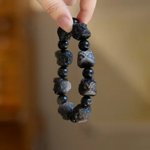 Natuurlijke Zilver Obsidiaan Leeuwendans Kralenarmband Retro Chinese Stijl Gesneden Steen Handgeweven Polsband Voor Heren Sieraden Cadeau