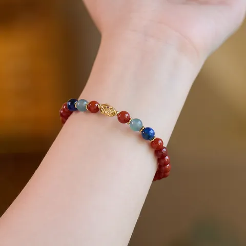 New Chinese Style Red Agate Beaded Bracelet For Women Gold Plated Copper Pixiu Lucky Charm Ethnic Retro Hand Jewelry Gift