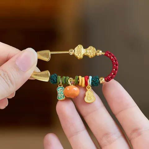 Vintage Gold Plated Copper Brooch Persimmon Gourd Ruyi Pendants Traditional Chinese Woven Rope Safety Pin For Women Men