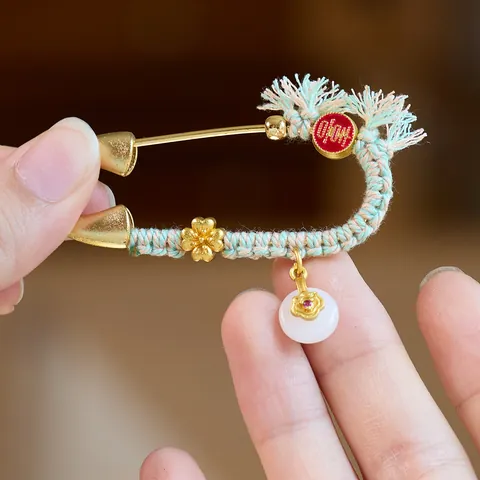 Vintage Artistic Gold Plated Copper Brooch With Woven Cord White Jade Look Charm Red Gem Lucky Pattern Pin Jewelry For Women