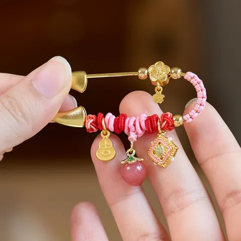Gold Plated Copper Chinese Style Brooch Gourd Peach Fu Character Charms Vintage Safety Pin Jewelry Gift For Women