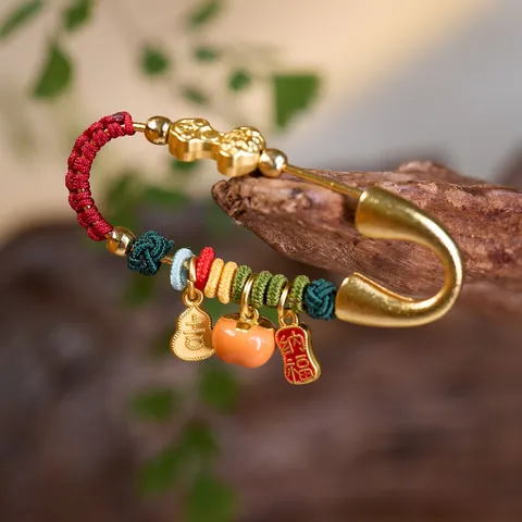 Vintage Gold Plated Copper Brooch Persimmon Gourd Ruyi Pendants Traditional Chinese Woven Rope Safety Pin For Women Men