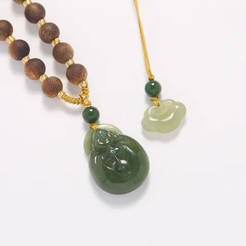 Vintage Hetian Jade Agarwood Buddha Pendant Necklace Gourd Auspicious Cloud Gilded Silver Accessories Spiritual Jewelry Unisex