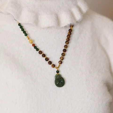 Vintage Hetian Jade Agarwood Buddha Pendant Necklace Gourd Auspicious Cloud Gilded Silver Accessories Spiritual Jewelry Unisex