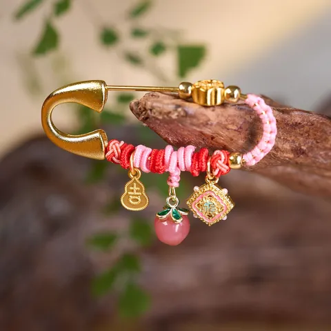 Gold Plated Copper Chinese Style Brooch Gourd Peach Fu Character Charms Vintage Safety Pin Jewelry Gift For Women