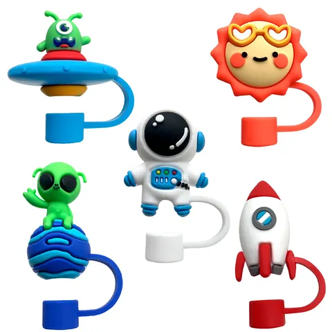 Espacio Astronauta Cohete Extraterrestre Tema Silicona Paja Cubierta Tapa A Prueba de Polvo Adorno de Paja Accesorios de Taza Reutilizables
