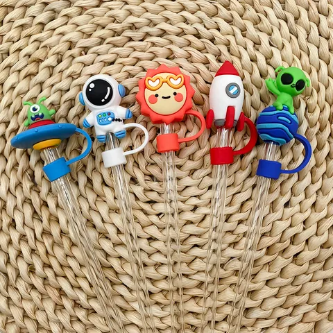 Cartoon Space Theme PVC Straw Toppers Astronaut UFO Rocket Sun Reusable Dust Proof Plug Covers For Straws Kitchen Accessories