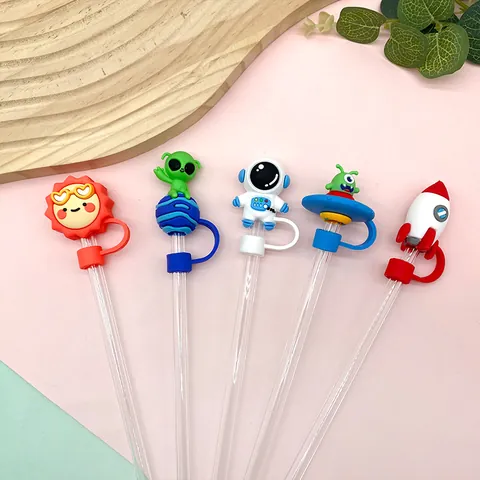 Cartoon Space Theme PVC Straw Toppers Astronaut UFO Rocket Sun Reusable Dust Proof Plug Covers For Straws Kitchen Accessories