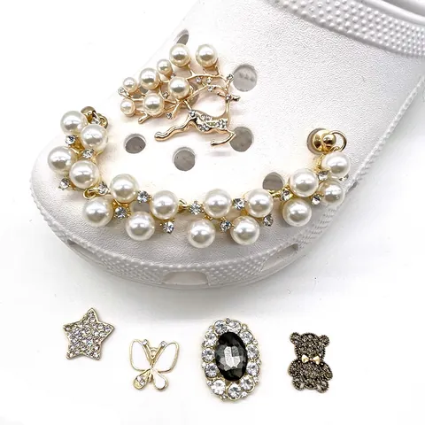 Rhinestone Artificial Pearl Shoe Charms DIY Clogs Decoration For Women Sandals Butterfly Deer Bear Star Chains Shoe Buckle Accessories