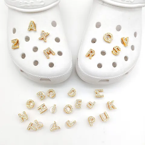 Alphabet Letter Shoe Charms Gold Plated Alloy With Rhinestones DIY Decoration For Clogs Sandals Fashion Accessories