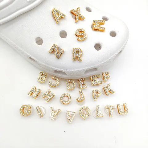 Alphabet Letter Shoe Charms Gold Plated Alloy With Rhinestones DIY Decoration For Clogs Sandals Fashion Accessories