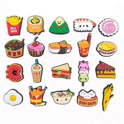 Cute Cartoon Food Series PVC Shoe Charms For Clogs Sandals DIY Sandwich Cupcake Sushi Fries Pizza Decoration Accessories For Garden Shoes