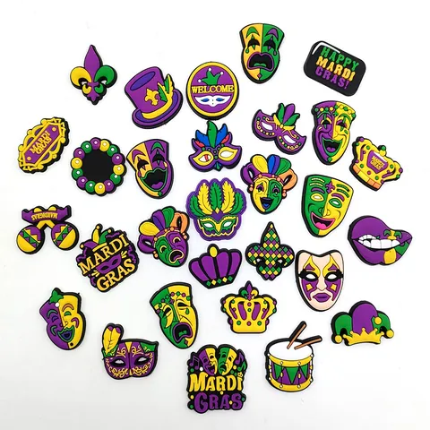 Ciondoli per Scarpe a Tema Mardi Gras per Clogs PVC Viola Verde Giallo Maschera Corona Giglio Accessori Decorativi Festival