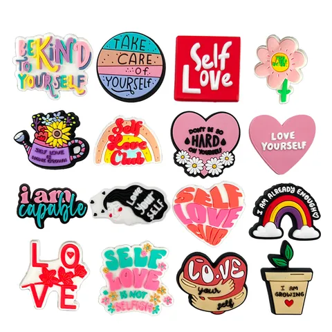 Self Love Inspirational Quotes PVC Shoe Charms For Clogs Assorted Heart Flower Rainbow Patterns DIY Shoe Decoration Accessories