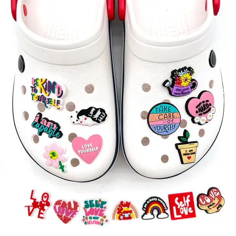 Self Love Inspirational Quotes PVC Shoe Charms For Clogs Assorted Heart Flower Rainbow Patterns DIY Shoe Decoration Accessories