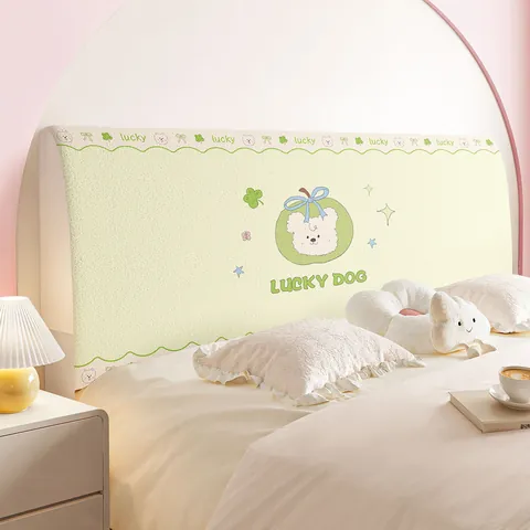 Funda de Cabecero de Oso de Dibujos Animados Protector de Polvo Elástico Decoración de Respaldo de Cama Crema Verde Lavable