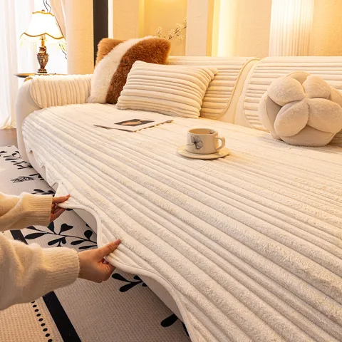 Cojín de Sofá de Franela Engrosada Antideslizante Borde Ondulado Protector de Muebles Rayado para Sofá Seccional Estilo Crema Francés