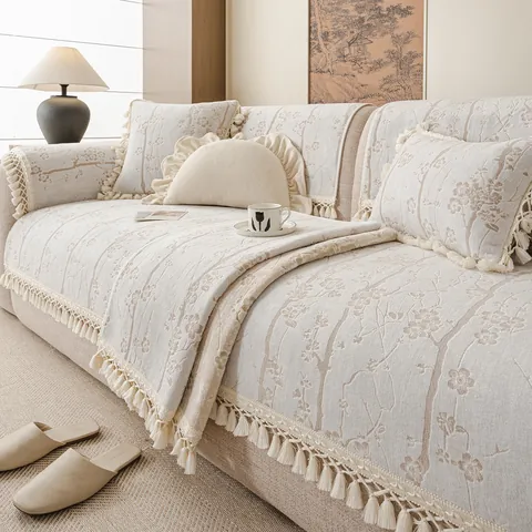 Cuscino per Divano in Vello di Latte Ispessito Antiscivolo Stile Crema Jacquard Floreale Copridivano Protettivo con Nappine